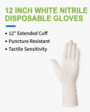 12-Inch White Nitrile Disposable Gloves – Powder-Free, Latex-Free & Chemical Resistant