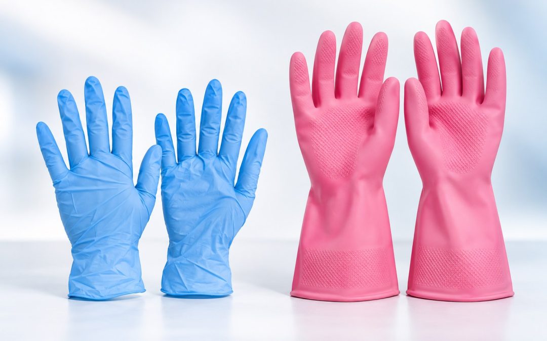 Disposable nitrile gloves and reusable household cleaning gloves side by side
