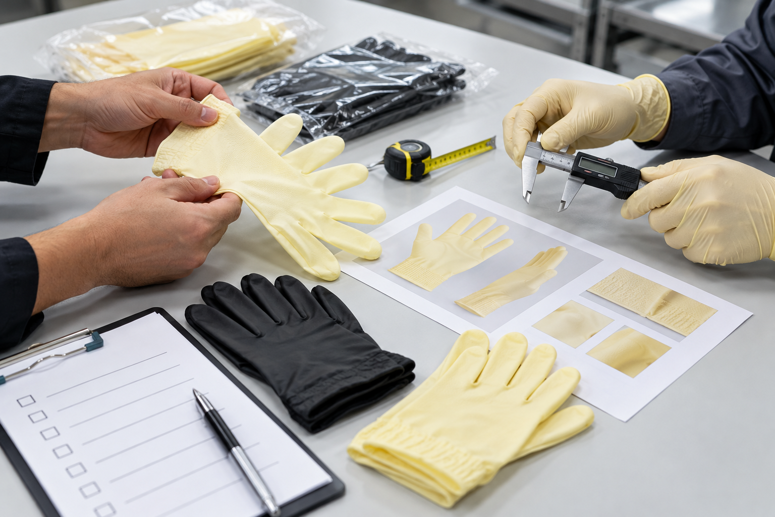 Glove sample quality inspection and specification measurement before production