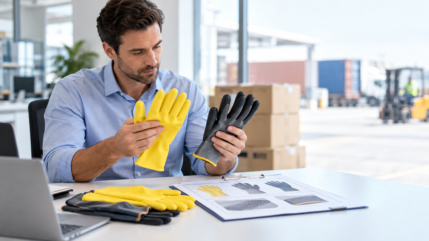 Buyer comparing household and industrial glove samples before a bulk order