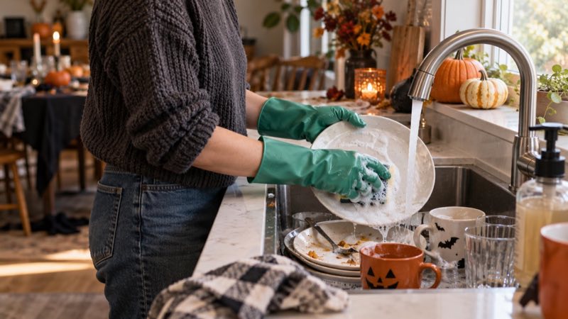 Person wearing reusable green household gloves washing dishes after a Halloween gathering