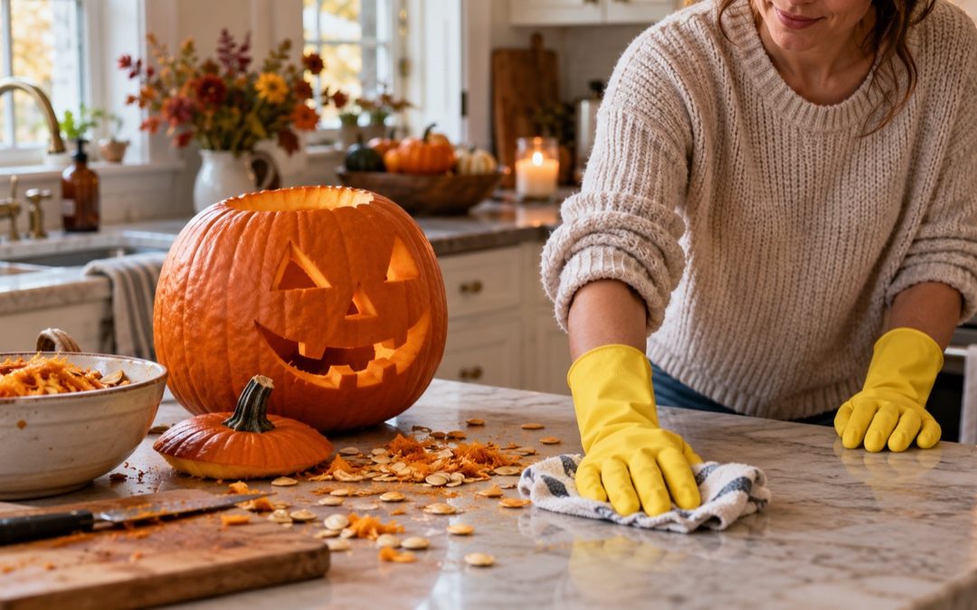 Person wearing yellow household gloves cleaning pumpkin pulp from a kitchen counter