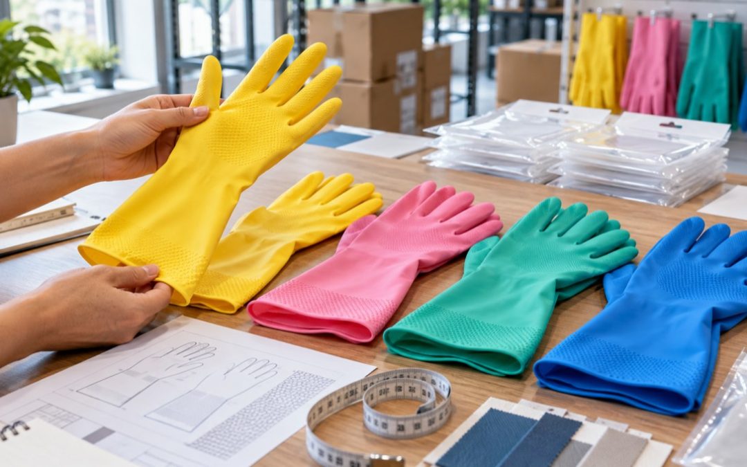 Household cleaning glove samples in different colours reviewed for a private-label range